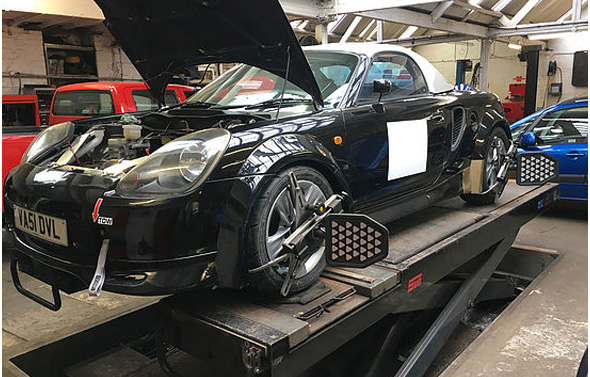 A Nice Little Home Built Toyota MR2 Hillclimb Car For Four Wheel Alignment. Fitted With A Honda VTEC