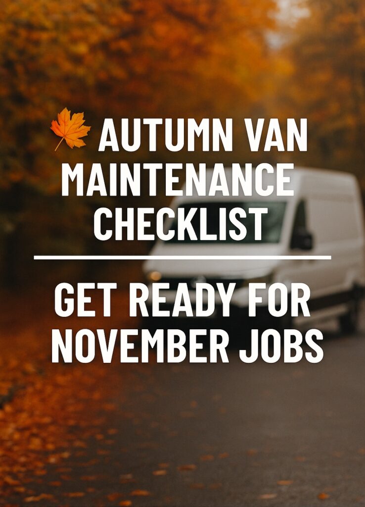 White van parked on a wet autumn road surrounded by orange leaves with text overlay “Autumn Van Maintenance Checklist: Get Ready for November Jobs”