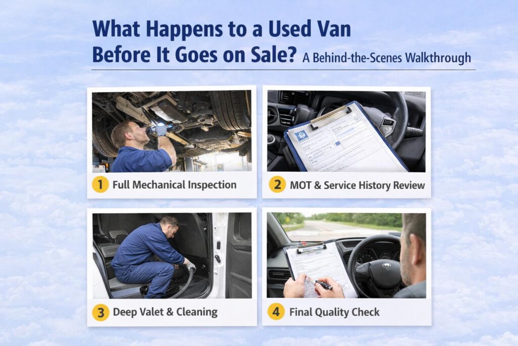 Used van preparation process visual showing inspection, MOT check, deep cleaning, and final quality control.
