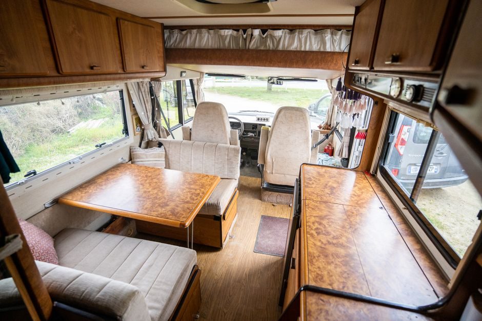 The inside of a converted camper van