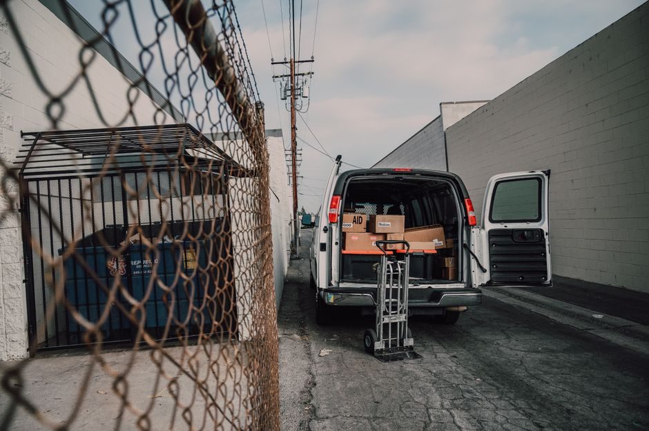 A commercial van at a loading bay