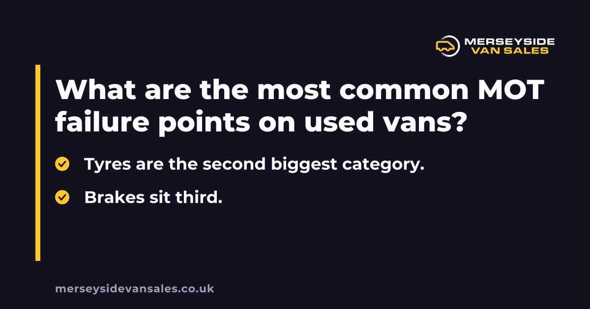 A Merseyside Van Sales summary card headed “What are the most common MOT failure points on used vans”.