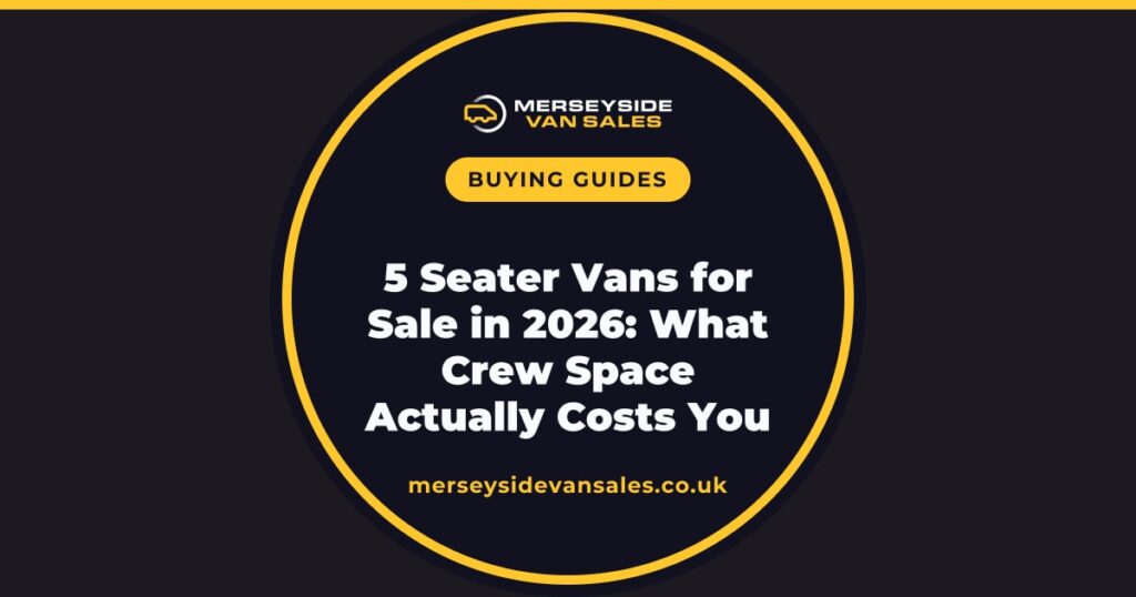 A Merseyside Van Sales title card reading “5 Seater Vans for Sale in 2026: What Crew Space Actually Costs You”.