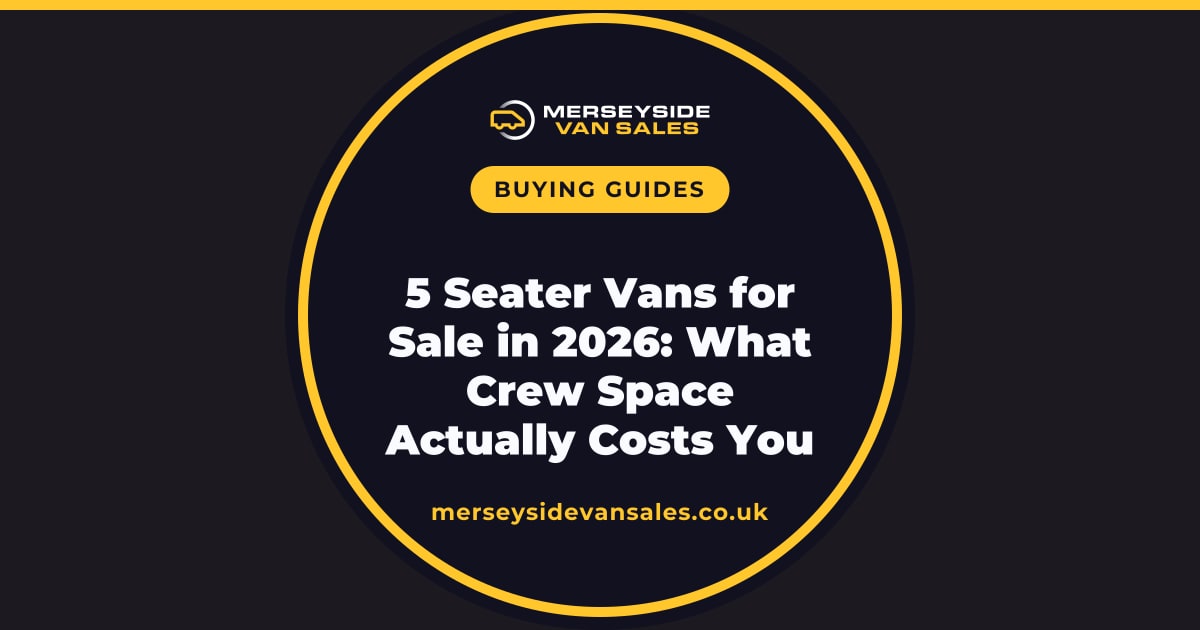 A Merseyside Van Sales title card reading "5 Seater Vans for Sale in 2026: What Crew Space Actually Costs You".
