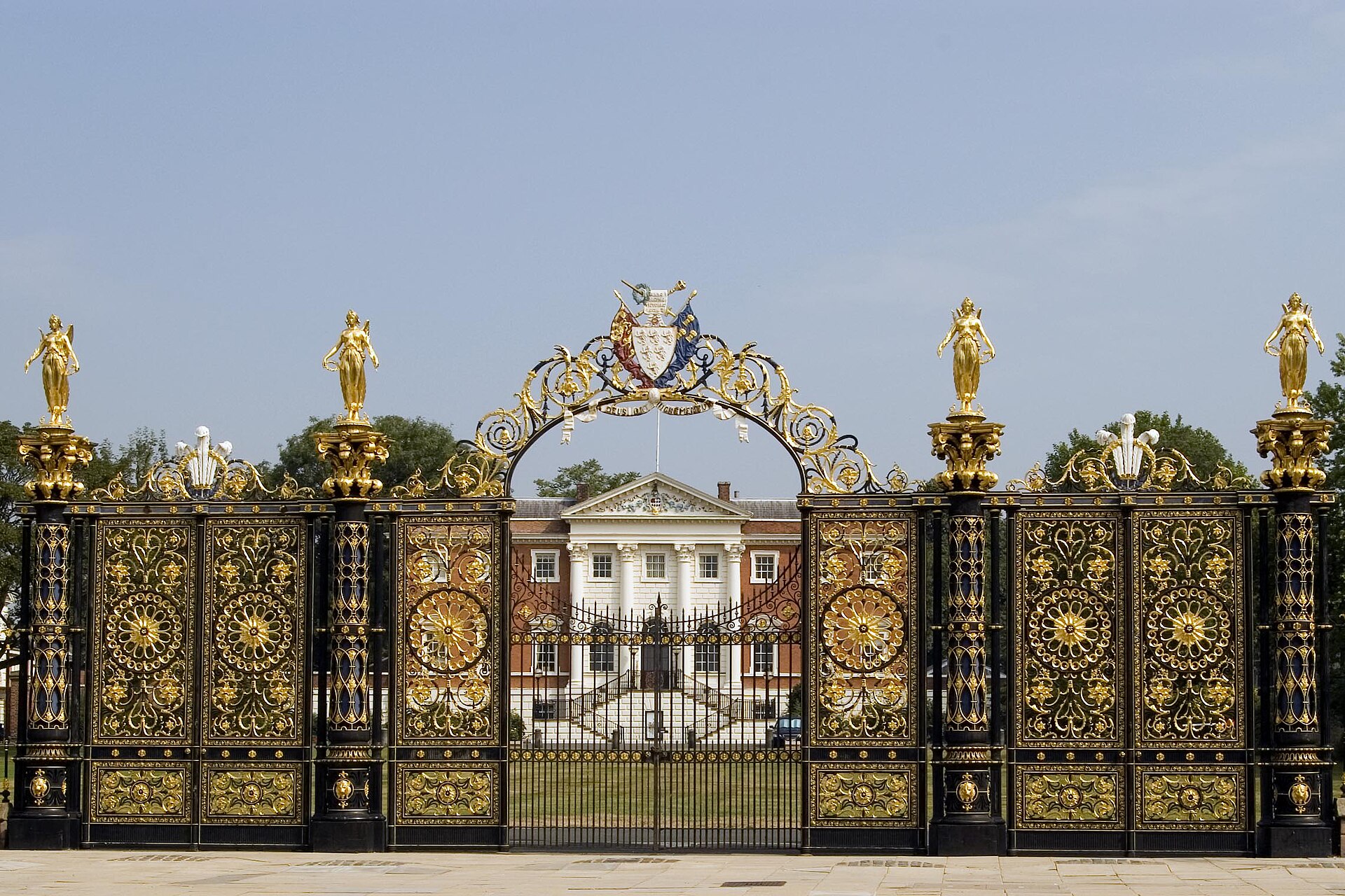 Warrington Town Hall seen through the ornate Golden Gates