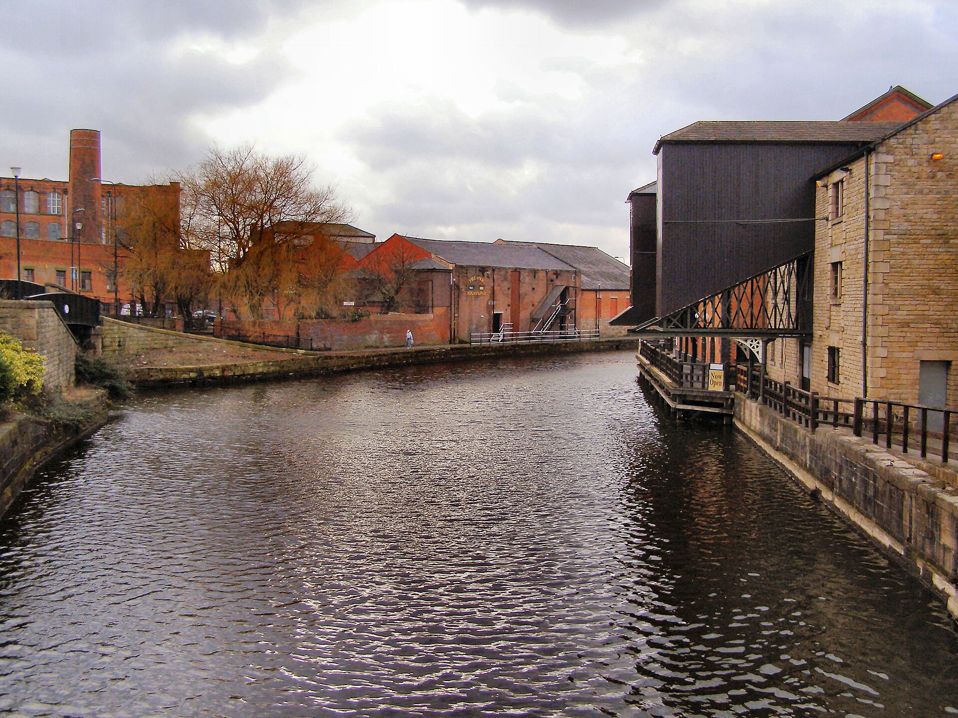The Leeds and Liverpool Canal at Wigan Pier, with the old mill warehouses