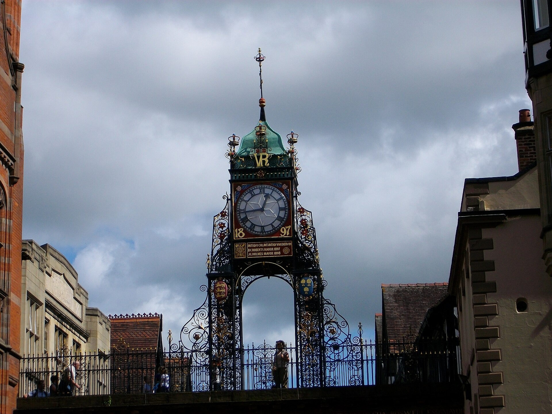 The ornate Eastgate Clock standing above the city wall in Chester