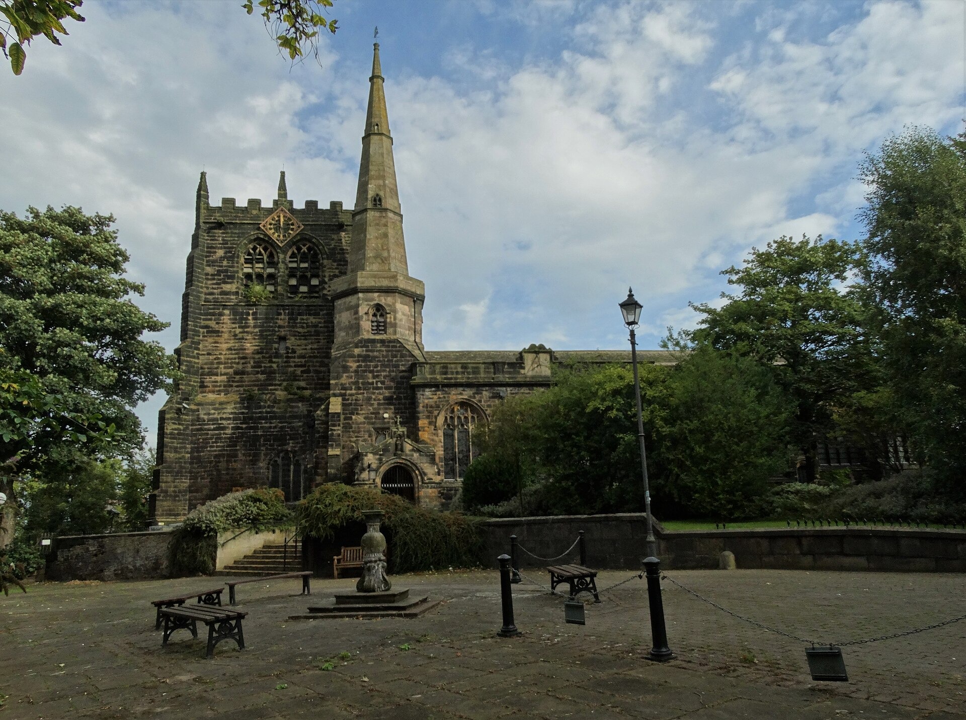 Ormskirk parish church showing its unusual side by side tower and spire