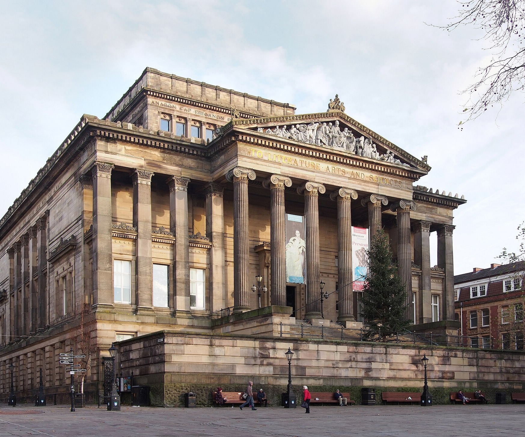 The columned stone front of the Harris museum and library in Preston