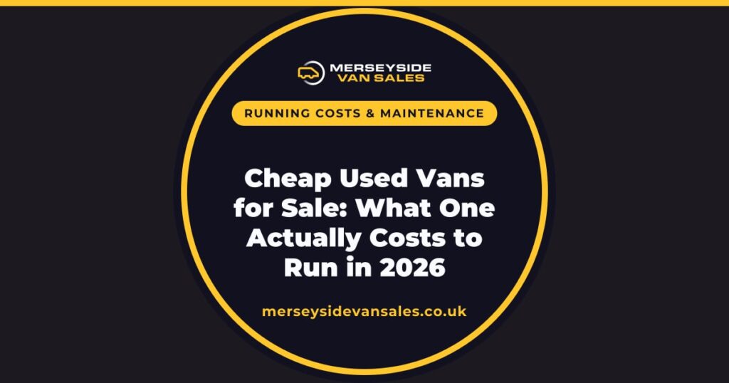 A Merseyside Van Sales title card reading “Cheap Used Vans for Sale: What One Actually Costs to Run in 2026”.