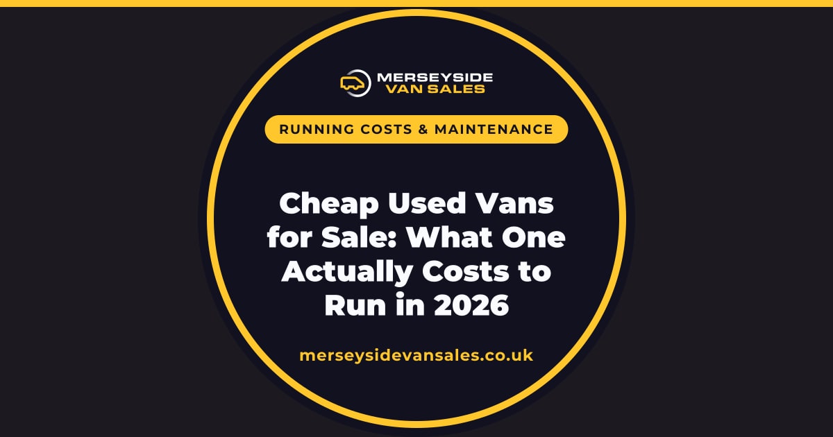 A Merseyside Van Sales title card reading “Cheap Used Vans for Sale: What One Actually Costs to Run in 2026”.