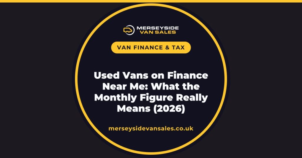 A Merseyside Van Sales title card reading “Used Vans on Finance Near Me: What the Monthly Figure Really Means (2026)”.