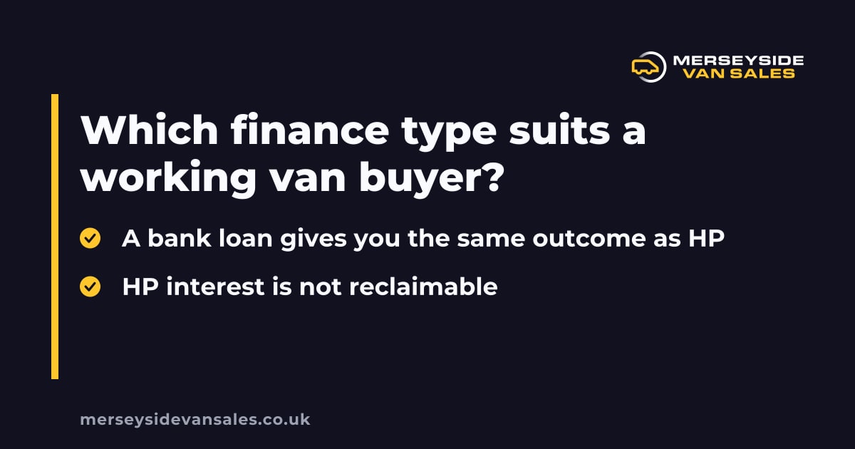 A Merseyside Van Sales summary card headed "Which finance type suits a working van buyer".