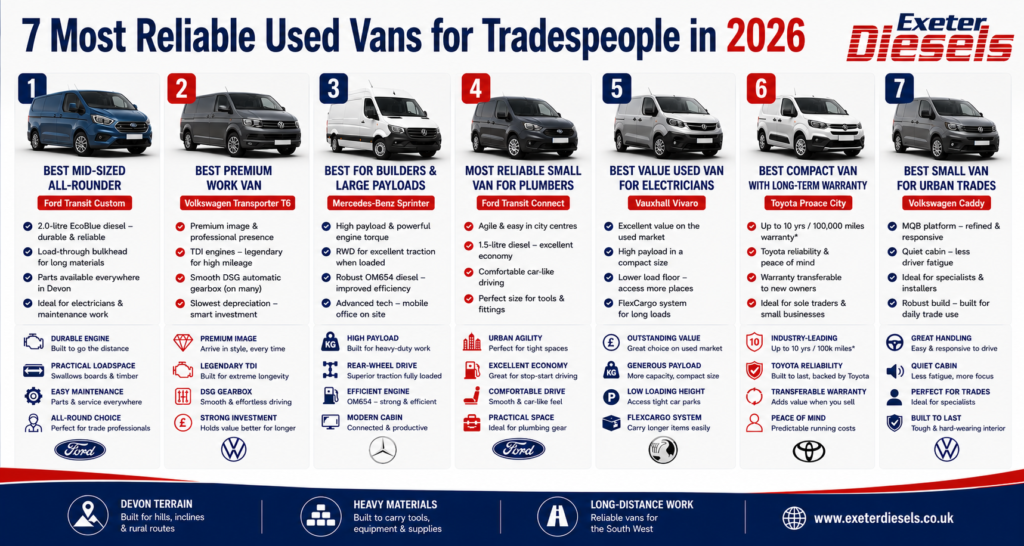 What Are The 7 Most Reliable Used Vans For Tradespeople In 2026 Infographic - Exeter Diesels